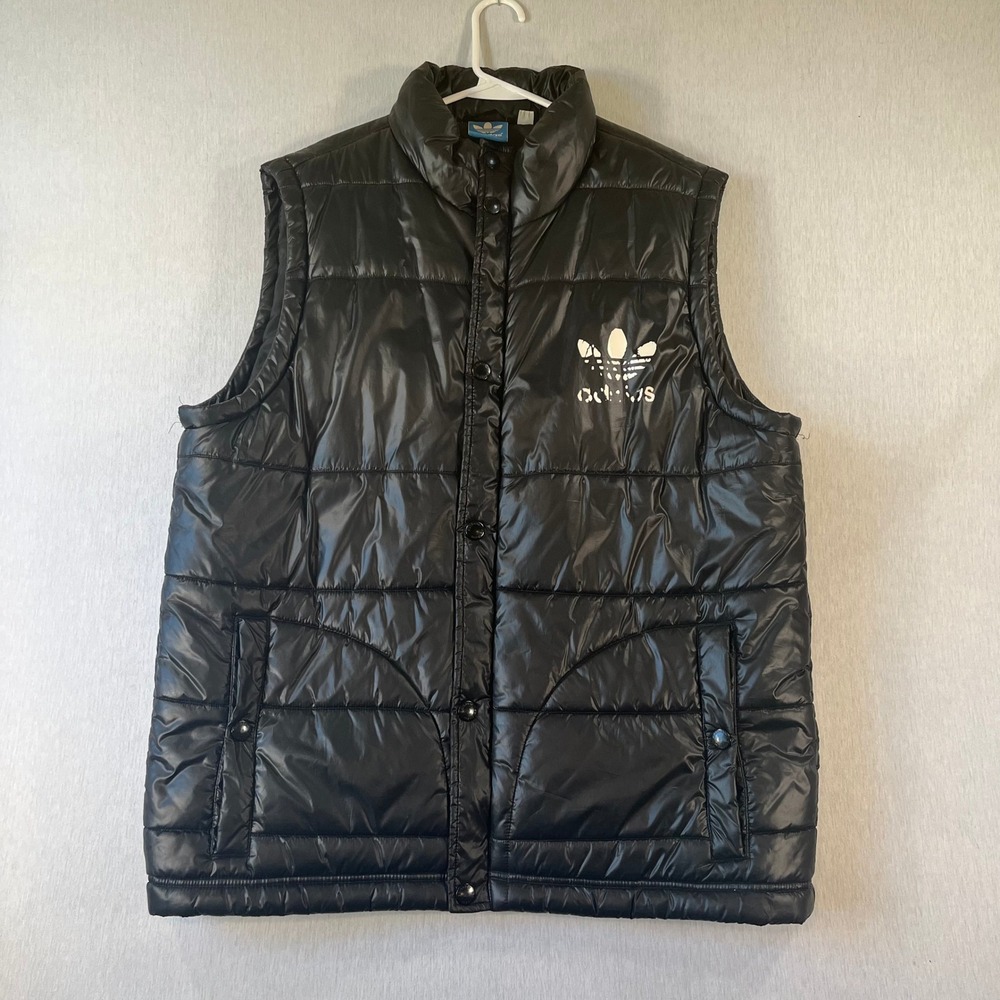 Adidas Originals Mens L Puffer Vest Black Trefoil Logo Snap Button Blue Tag 2012
